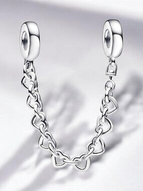 NEW Authentic PANDORA Bracelet Safety Chain Charm LINKED HEARTS Safety Chain